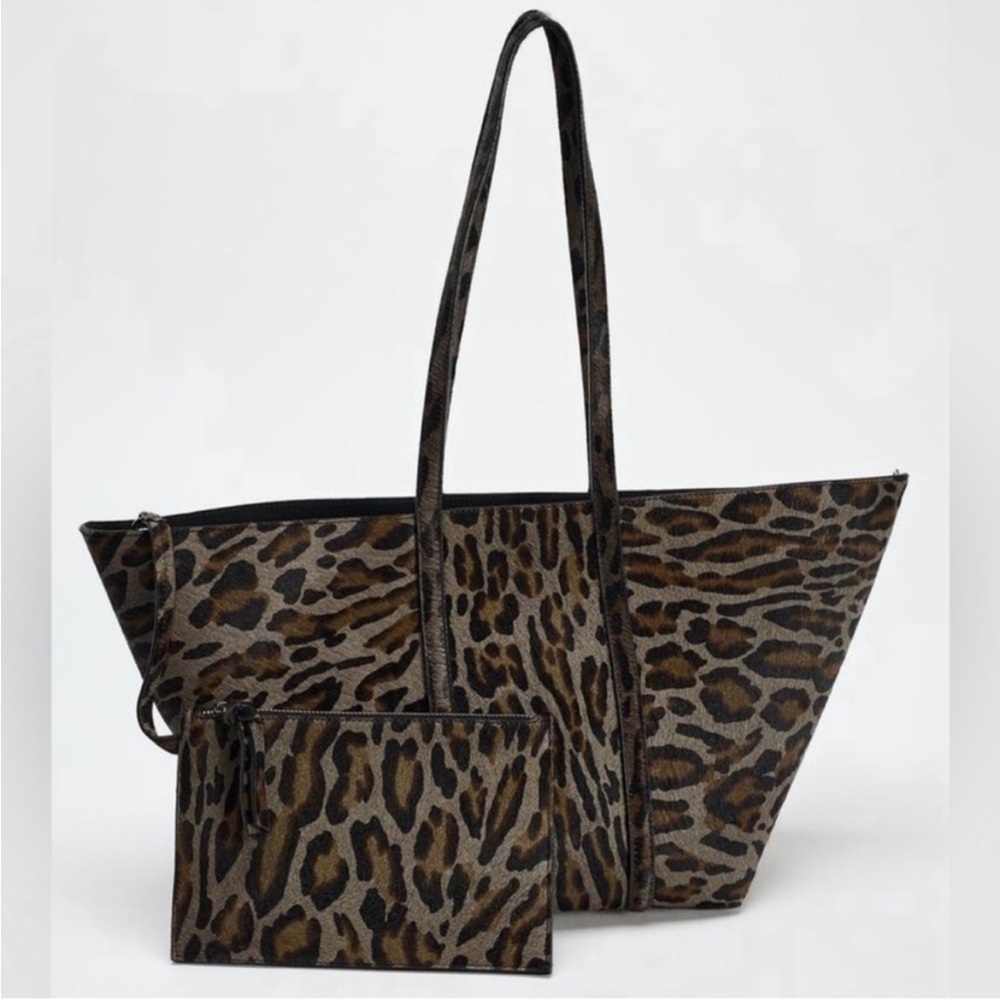 Zara NWT Leopard Print Genuine Cowhide Leather Tote Bag + Pouch Ref 6048/410